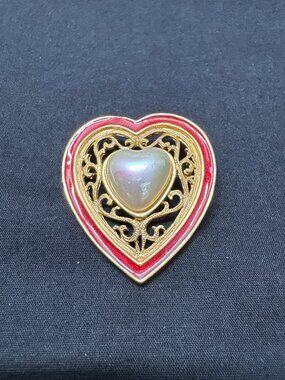 Heart-Shaped Lia Sophia Gold-Tone Brooch With Pearl Center & Red Enamel Trim Fil